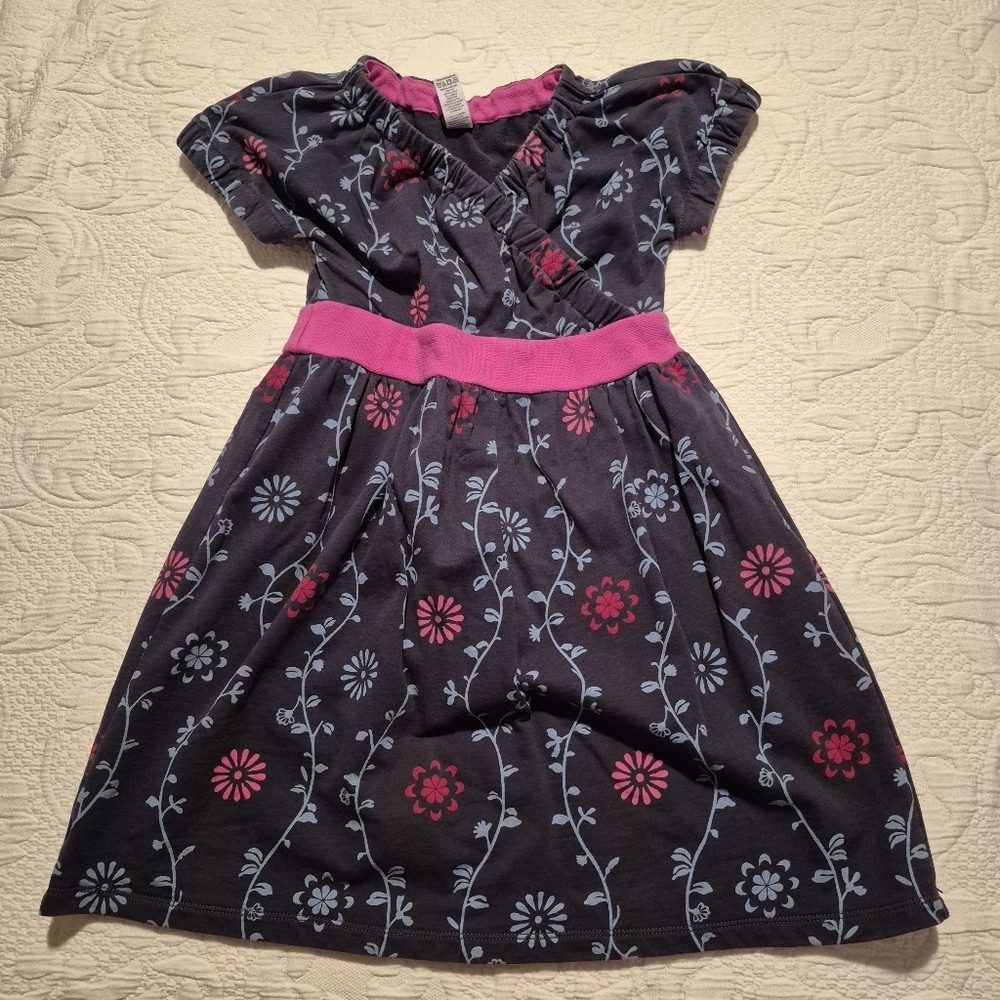 Tea Collection girls size 7 navy & pink floral french terry dress guc for fade